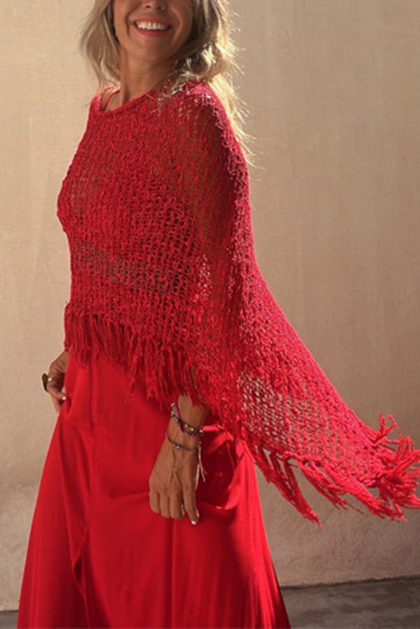 Hollow Out Tassel Knit Cover-Up Top | Batwing Sleeve