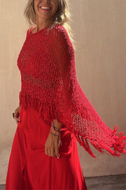 Hollow Out Tassel Knit Cover-Up Top | Batwing Sleeve