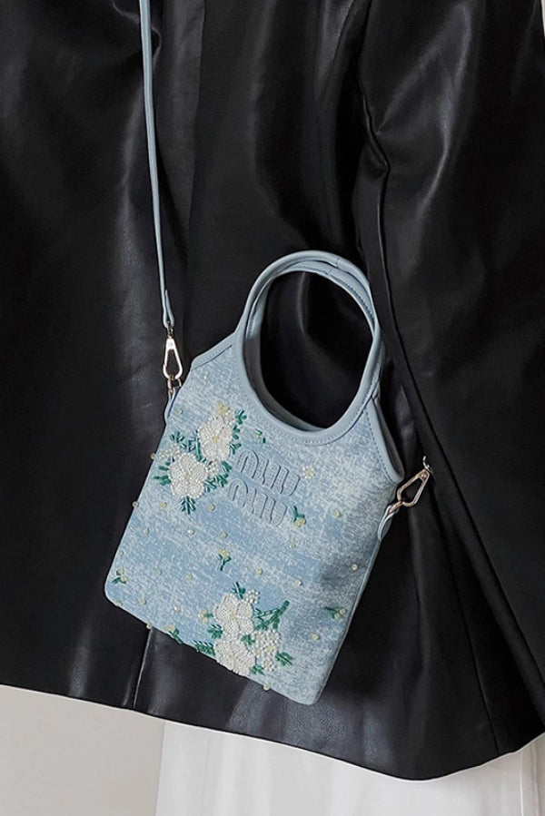 Floral Embroidered Denim Tote Bag with Shoulder Strap