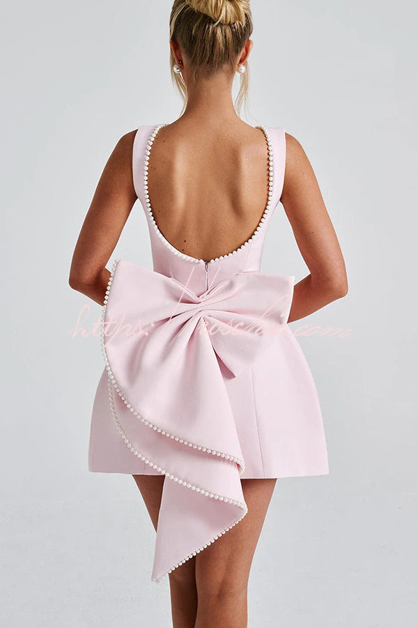 Pearl Bow Mini Dress – Sleeveless Slim-Fit Party Dress