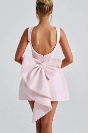 Pearl Bow Mini Dress – Sleeveless Slim-Fit Party Dress