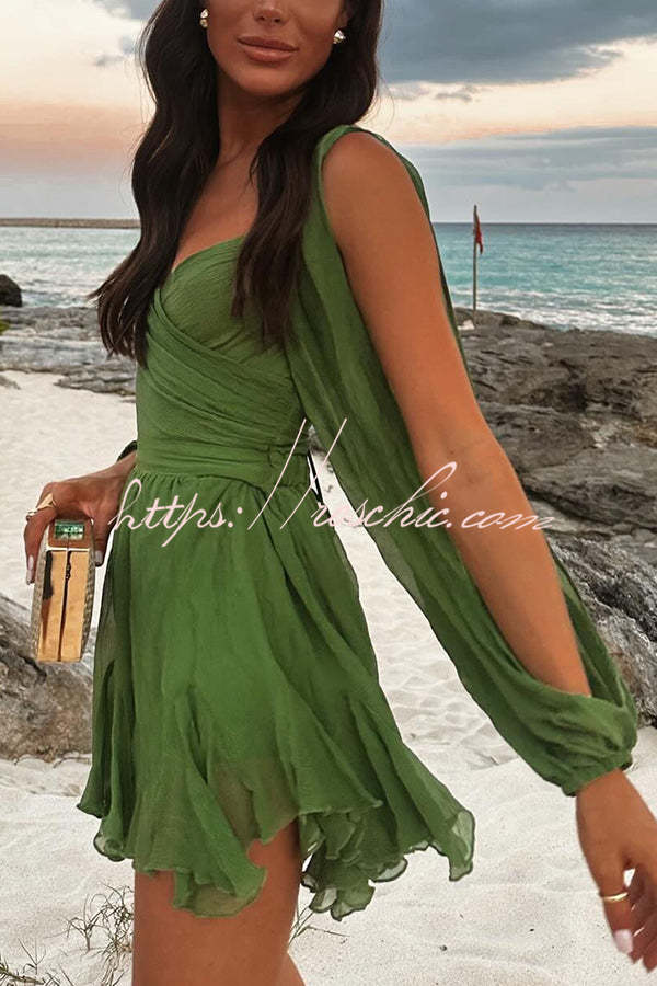 Chiffon Balloon Sleeve Mini Dress with V Neck & Back Lace-Up