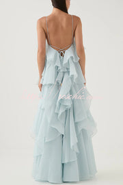 Rose Detail Tiered Ruffle Halter Maxi Dress