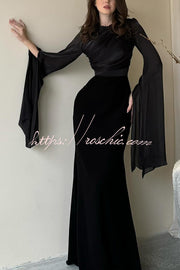 Ruched Organza Satin Patchwork Maxi Dress with Bell Sleeves