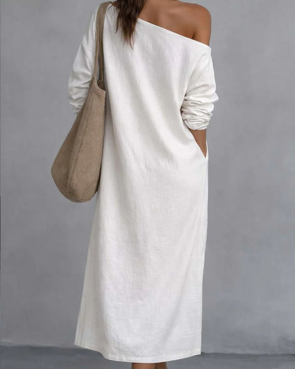 One Shoulder Cotton Linen Midi Dress with Split Hem