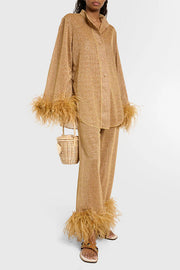 Ensemble de détente deux pièces à bordure en plumes scintillantes – manches longues et pantalon