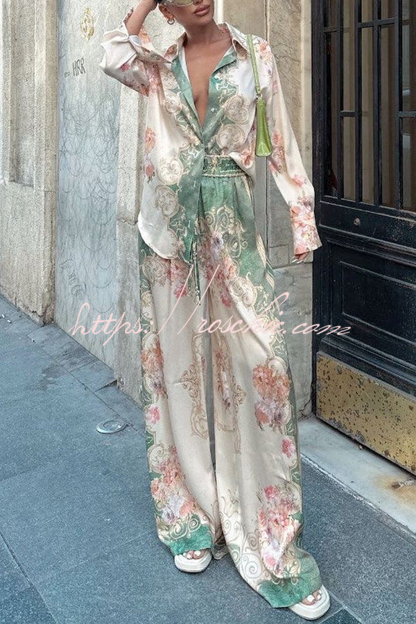 Satin Printed Long Sleeve Shirt and Pants Set, Loose Fit