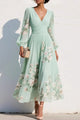 Floral Print V-Neck Maxi Dress – Fitted Waist, Long Sleeve