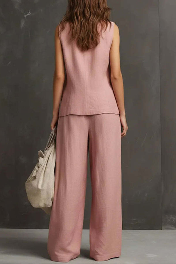 Linen Blend Wide-Leg Pants & Sleeveless Vest Set