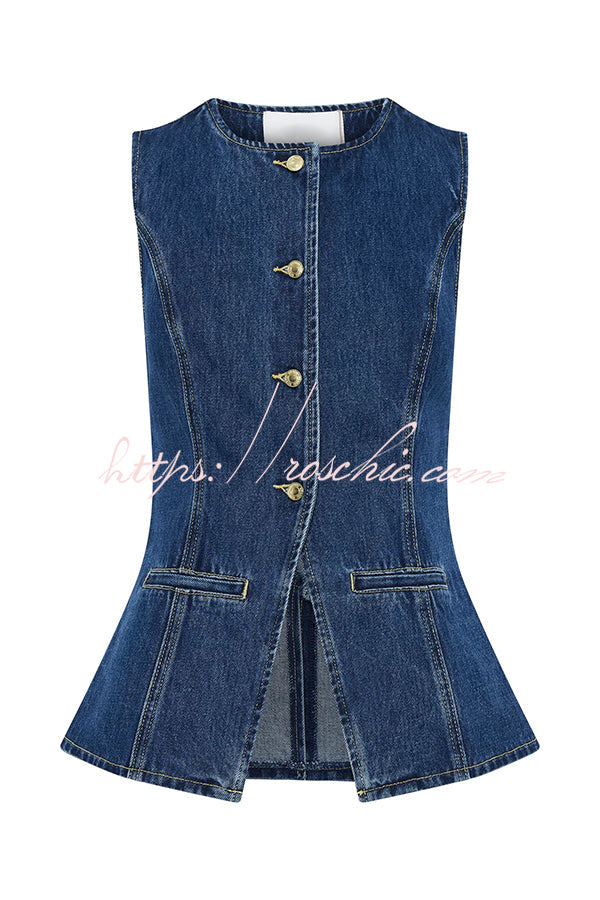 Denim Sleeveless Button-Up Vest Top with Princess Seams