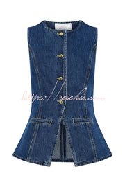 Denim Sleeveless Button-Up Vest Top with Princess Seams