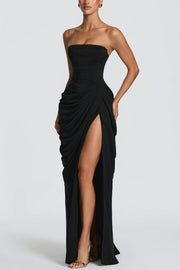 Chiffon Strapless Maxi Dress with Asymmetrical Pleats & Slit