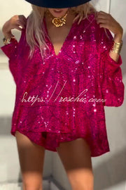 Sequin V-Neck Long Sleeve Top & Elastic Waist Shorts Set