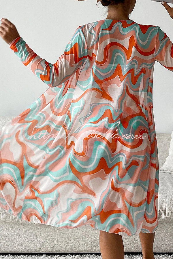Printed Lace-Up Pleated Three-Piece Swimsuit Set