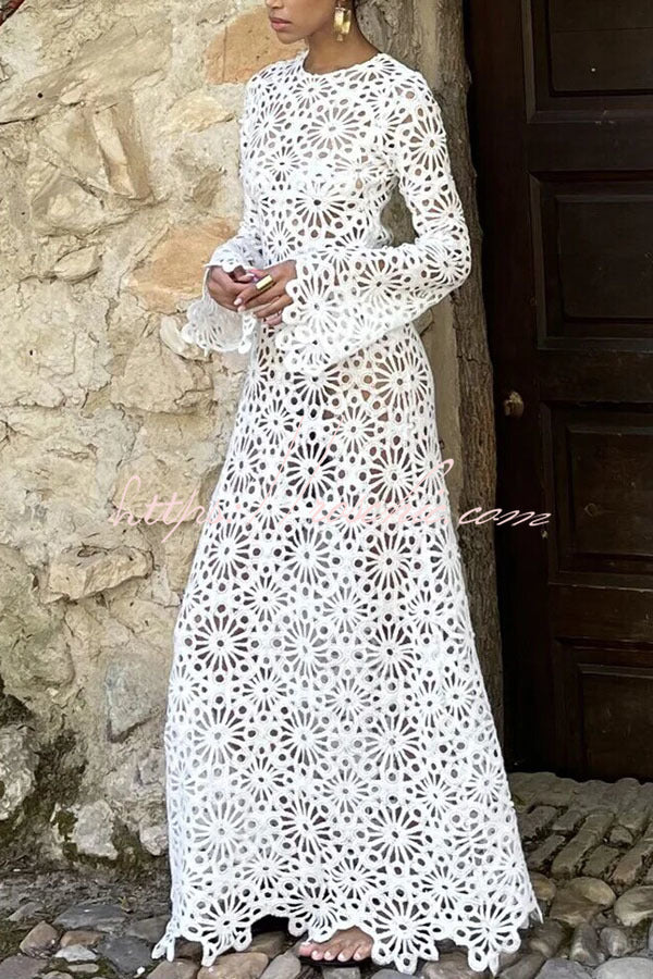 Crochet Knit Cutout Maxi Dress – Reversible Long Sleeve