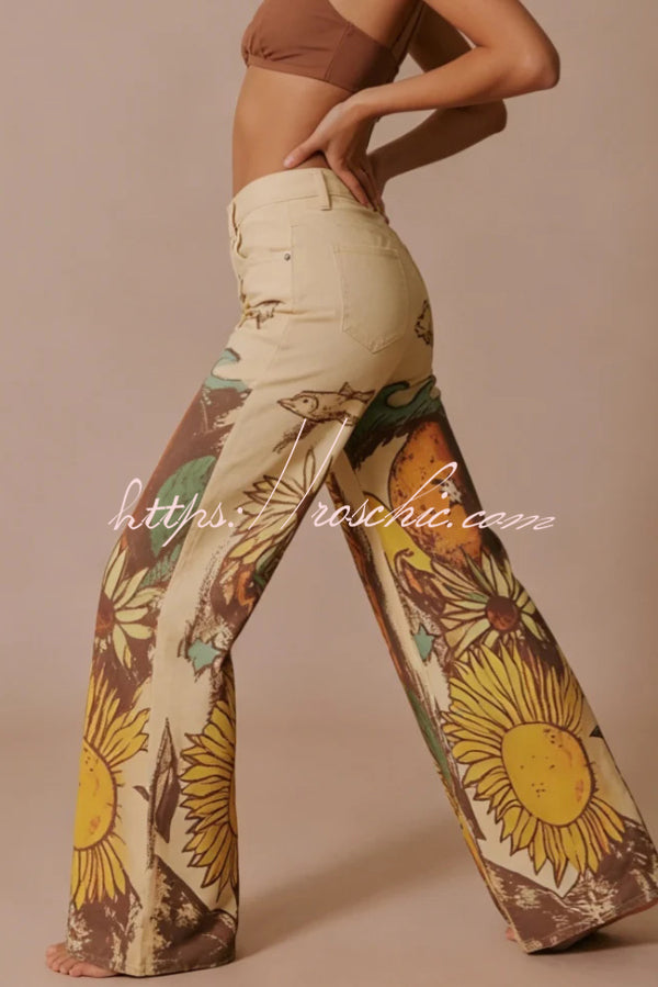 Doodle Print Wide Leg Jeans – Mid Rise, Loose Fit