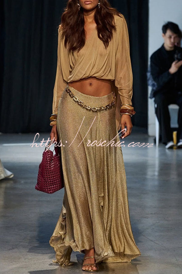 Metallic Knit Long Sleeve Crop Top and Maxi Skirt Set