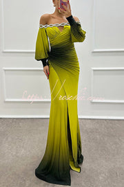 Gradient Print Off-Shoulder Maxi Gown with Gem Detail