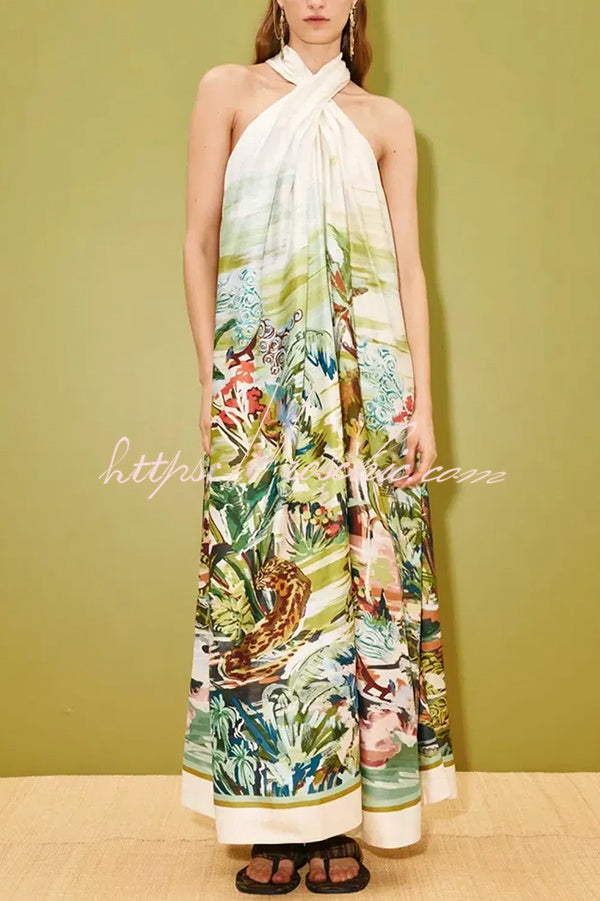 Tropical Halter Neck Backless Maxi Dress – Vacation Wear