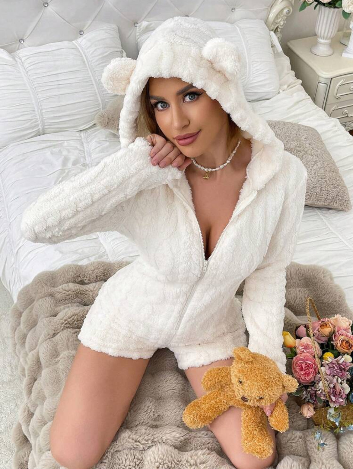 Teddy Bear Embroidered Hooded Fleece Sweatshirt for Women
