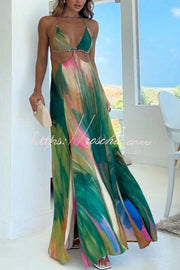 Printed Cutout Back Tie-Up Slit Maxi Dress – Vacation