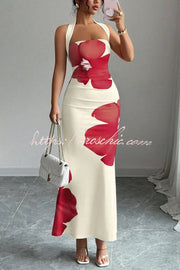 Floral Print Halter Neck Backless Maxi Dress