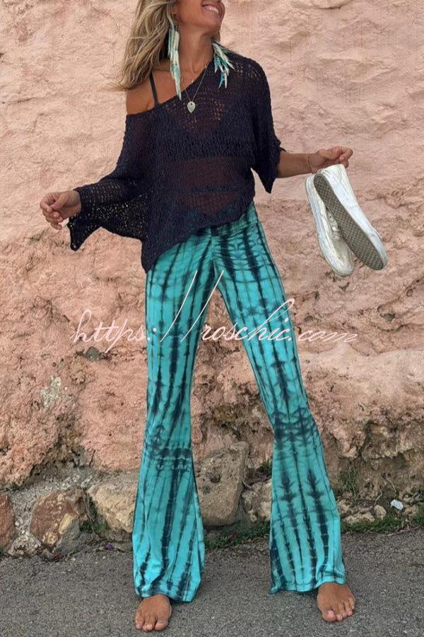 Tie Dye Ruched Lace-Up Waist Stretch Flare Pants