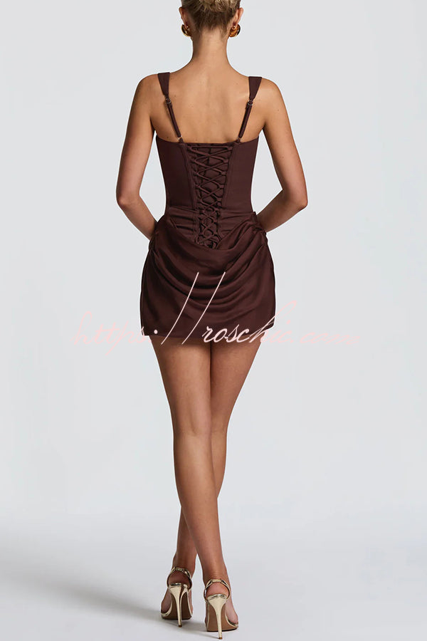 Satin Drape Square Neck Lace-Back Mini Dress