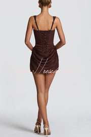 Satin Drape Square Neck Lace-Back Mini Dress