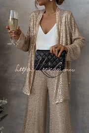 Sequin Open Front Long Sleeve Drape Coat