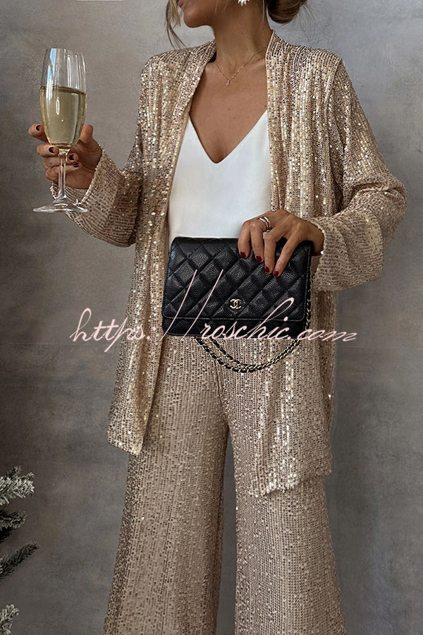 Sequin Open Front Long Sleeve Drape Coat