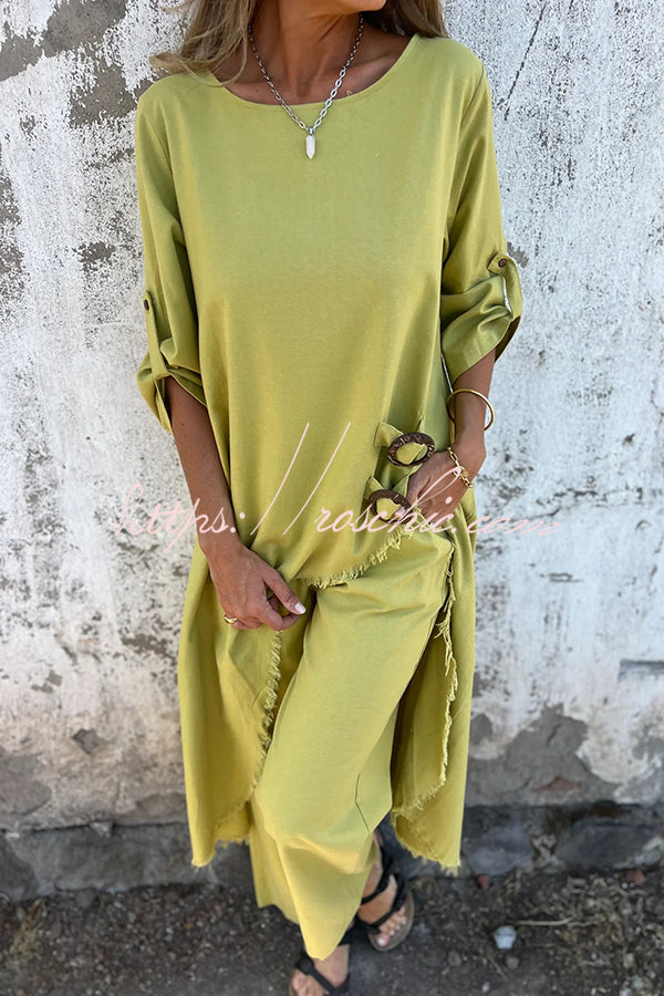 Linen Blend Midi Blouse and Wide-Leg Pants Set