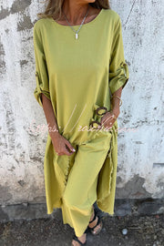 Linen Blend Midi Blouse and Wide-Leg Pants Set