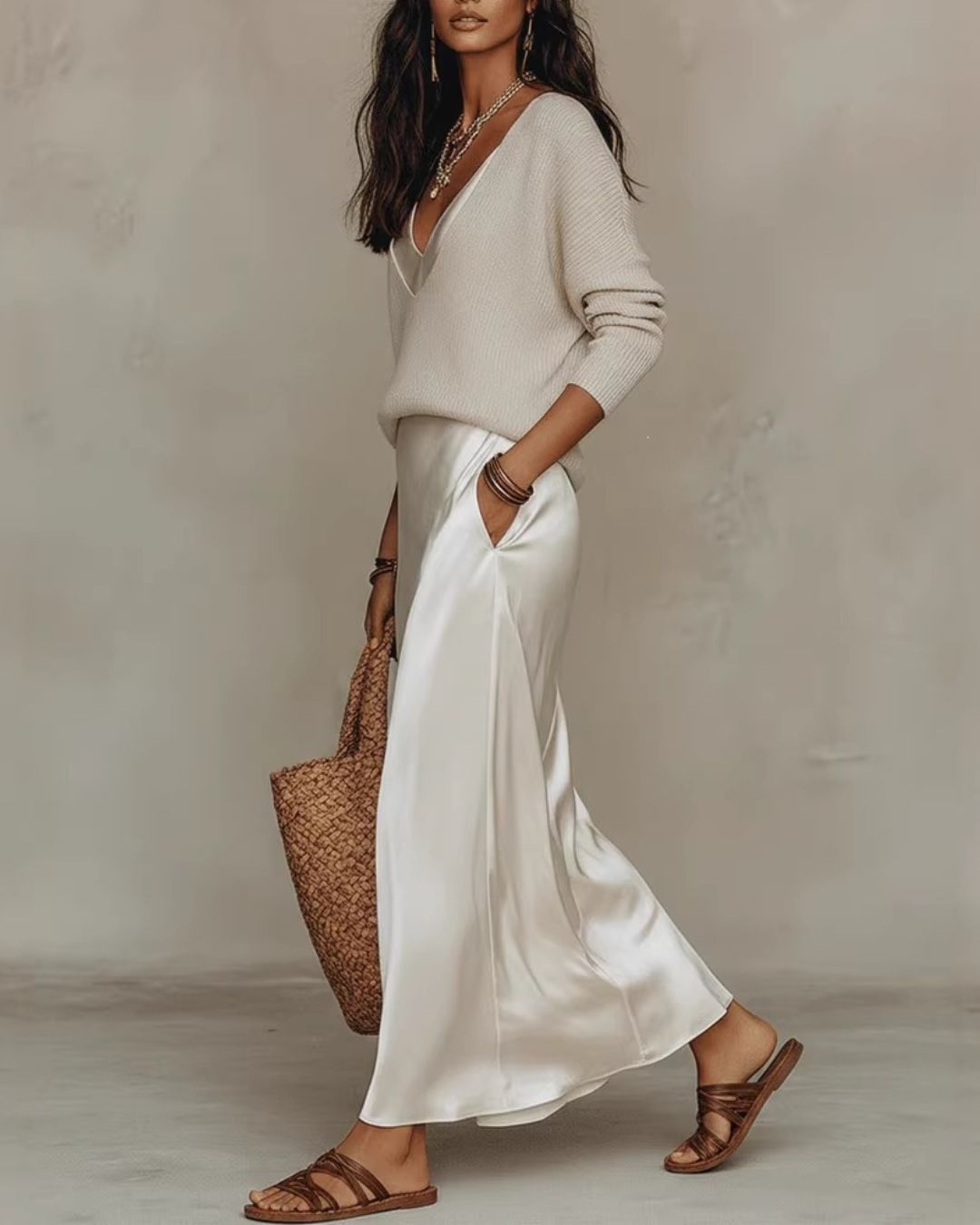 Knit & Satin Midi Skirt Set – Ivory Coordinated Ensemble