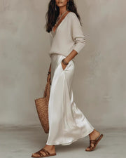 Knit & Satin Midi Skirt Set – Ivory Coordinated Ensemble