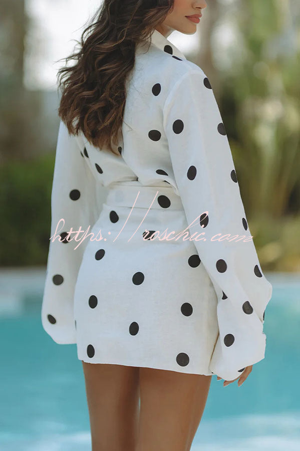 Linen Blend Polka Dot Balloon Sleeve Blouse & Mini Skirt Set