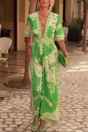 Plant Print V-Neck Jumpsuit – Loose Fit, Short Sleeve