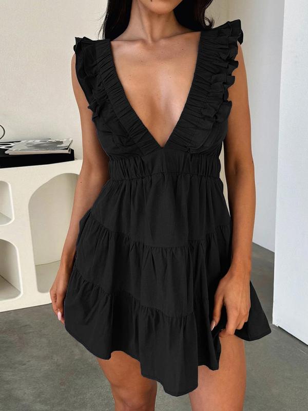 Women's Plain Ruffled Deep V Neck Dress, Casual Breathable Dress for Summer, Women's Clothes for Daily Wear, Womenswear