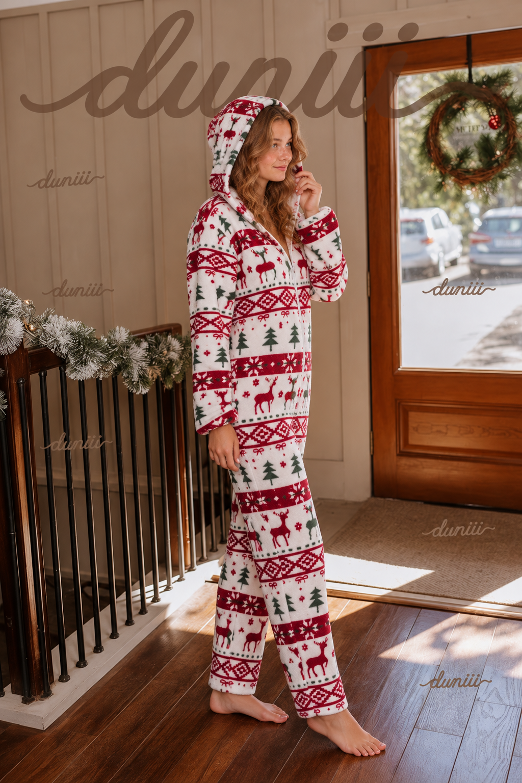 Christmas Reindeer Print Hooded Half-Zip Pajama Jumpsuit