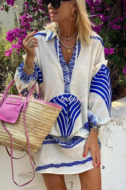 Printed Tunic Mini Dress – Long Sleeve Shirt Collar