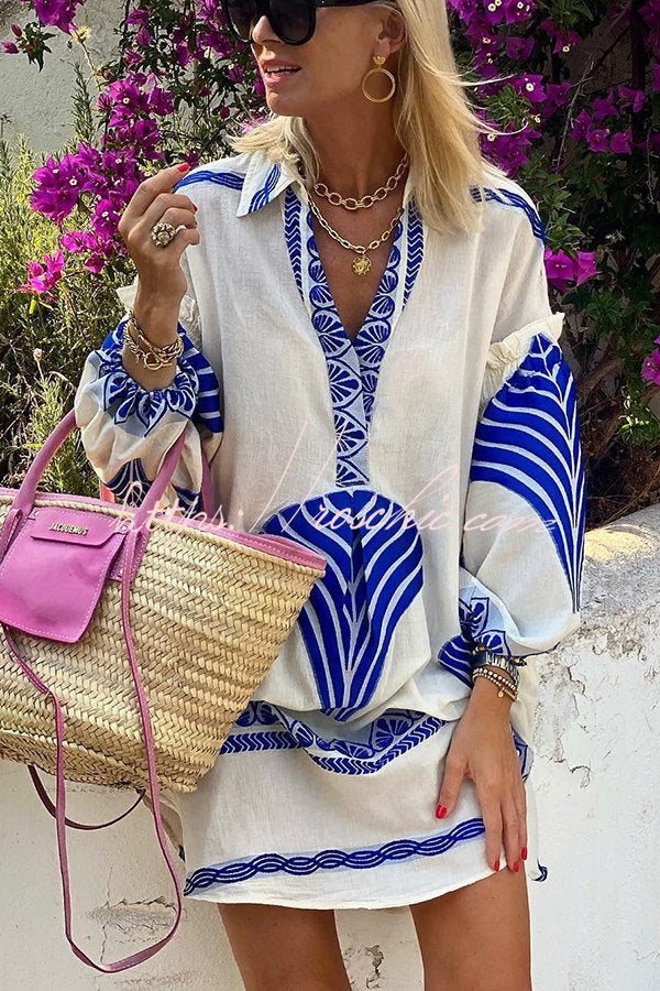 Printed Tunic Mini Dress – Long Sleeve Shirt Collar