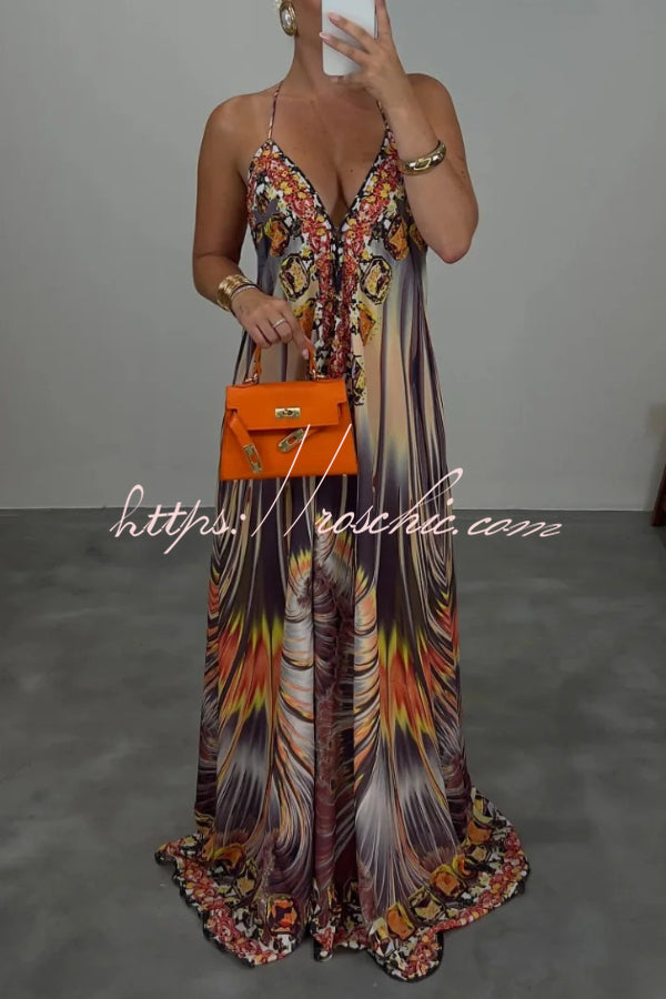 Robe longue ample bohème, col licou, sans manches, dos nu