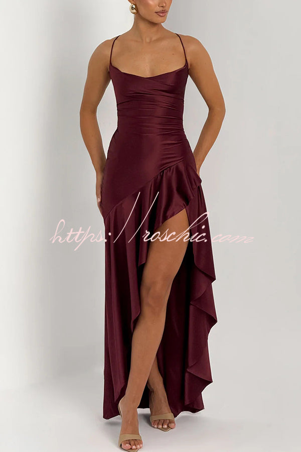 Backless Lace-Up Ruffle Maxi Dress – Spaghetti Strap
