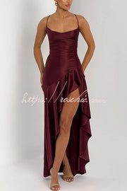 Backless Lace-Up Ruffle Maxi Dress – Spaghetti Strap