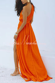 Robe longue asymétrique en lin mélangé avec fente tressée