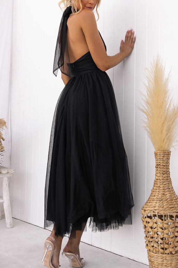 Tulle Halter Maxi Dress with Gathered Detail