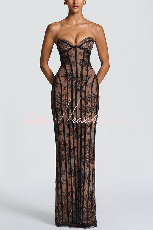 Floral Lace Strapless Maxi Dress with Lace-Up Back & Slit