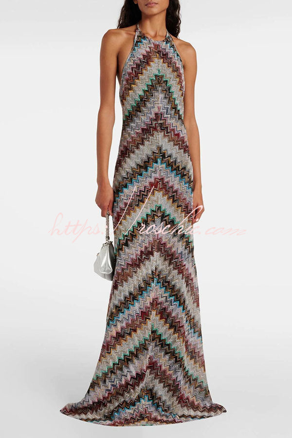 Knit Herringbone Print Halter Open-Back Maxi Dress