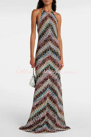 Knit Herringbone Print Halter Open-Back Maxi Dress