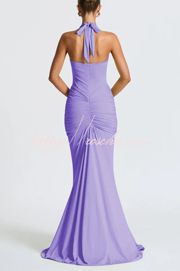 Halter V-Neck Open Back Maxi Dress – Solid Color Slim Fit